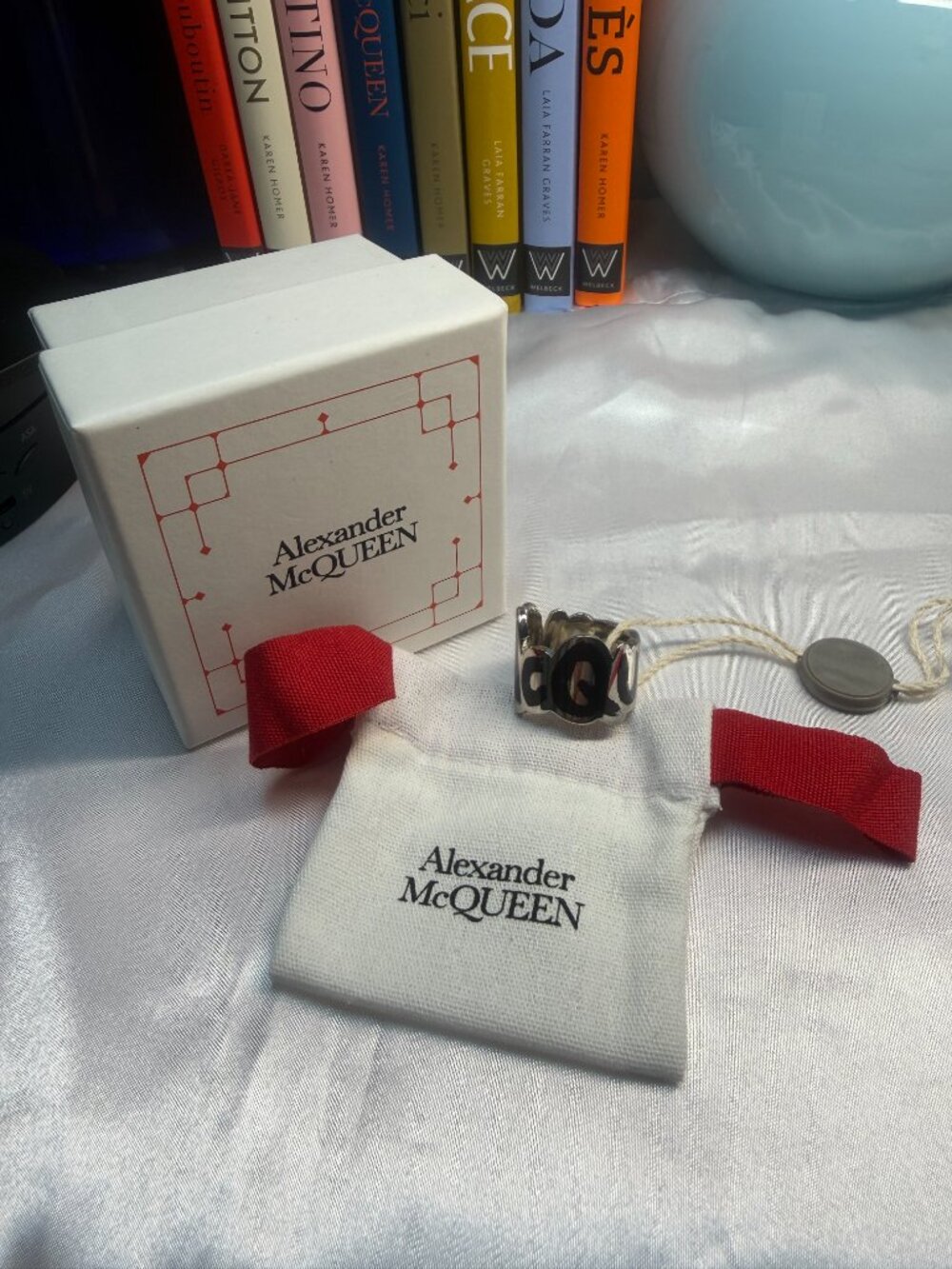 Alexander McQueen Cut-Out Graffiti Logo Ring Full Inclusion Sz 9 NWT